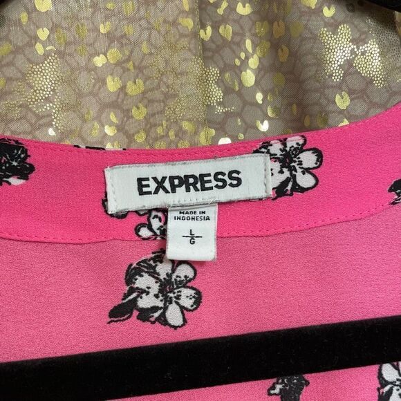 Express Bright Neon Hot Pink Black Floral Blouse, Large - Picture 3 of 6